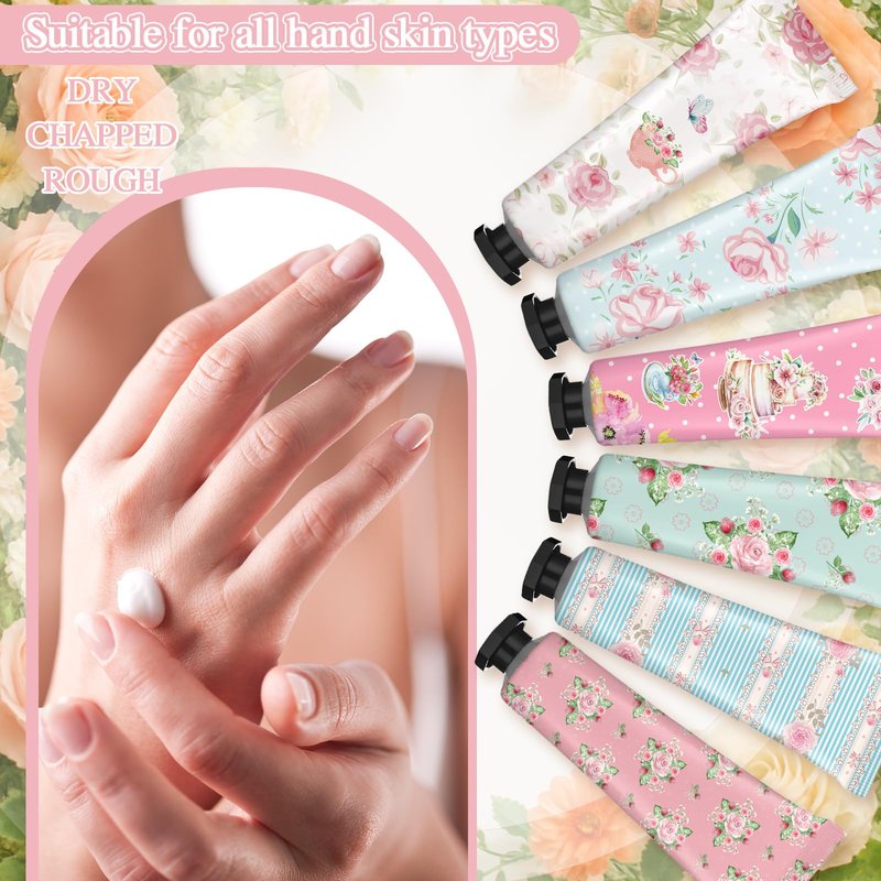 Swiffen Tea Party Hand Cream Gift Set Wonderland Floral Tea Party Favor Flower Moisturizing Hand Lotion Bulk Dry Cracked Care Cream Teapot Favor Boxes Treat Gift Goodie for Baby Shower, 20 ml(24 Pcs)