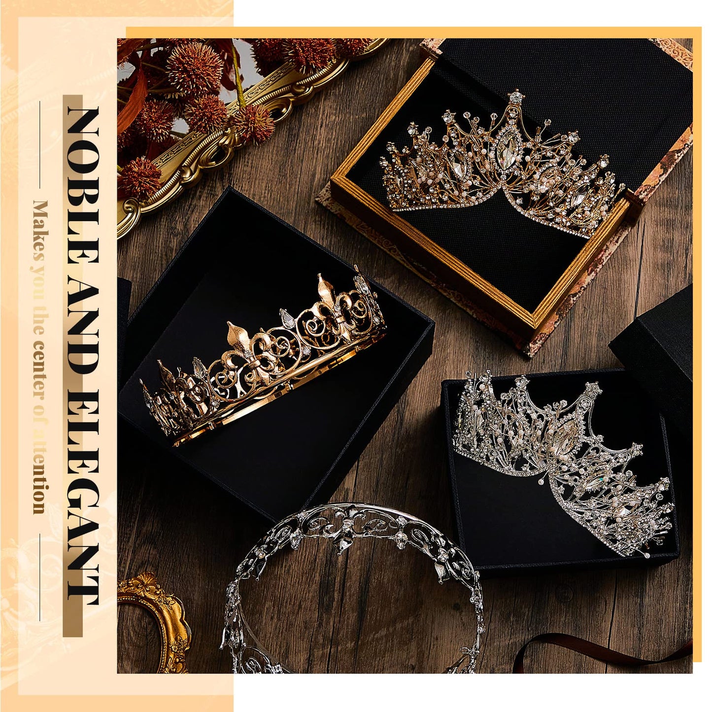 Henoyso 4 Pcs Prom King and Queen Crowns Set Prince Princess Tiara Crystal Headband Crowns for Women Man Graduation Homecoming Wedding Birthday Summer Party(Gold, Silver,Royal Style)