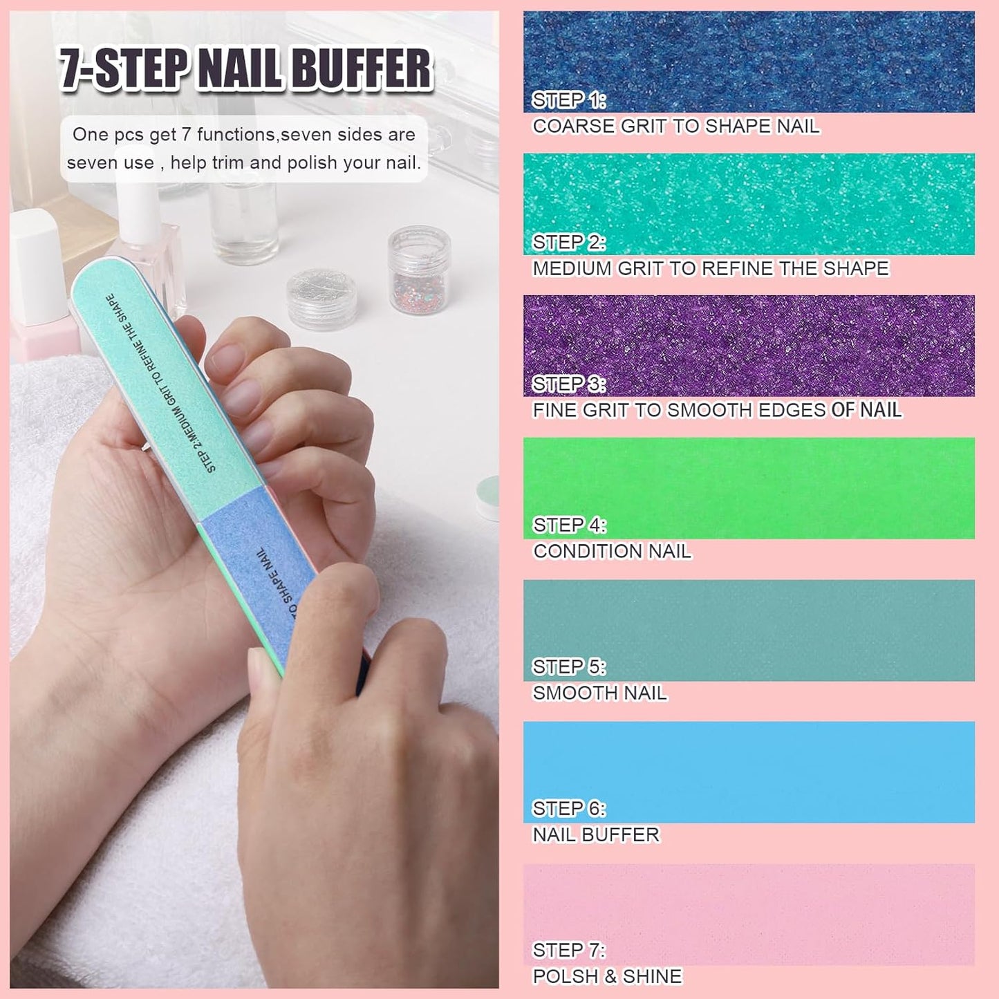 FANDAMEI Nail Files and Buffers, 20PCS Nail File Kit. Rectangular Nail Buffer Block & 100/180 Grit 7 Way Nail File & Polishing Buffer. Nail Prep Kit. Professional Manicure Nail Tools