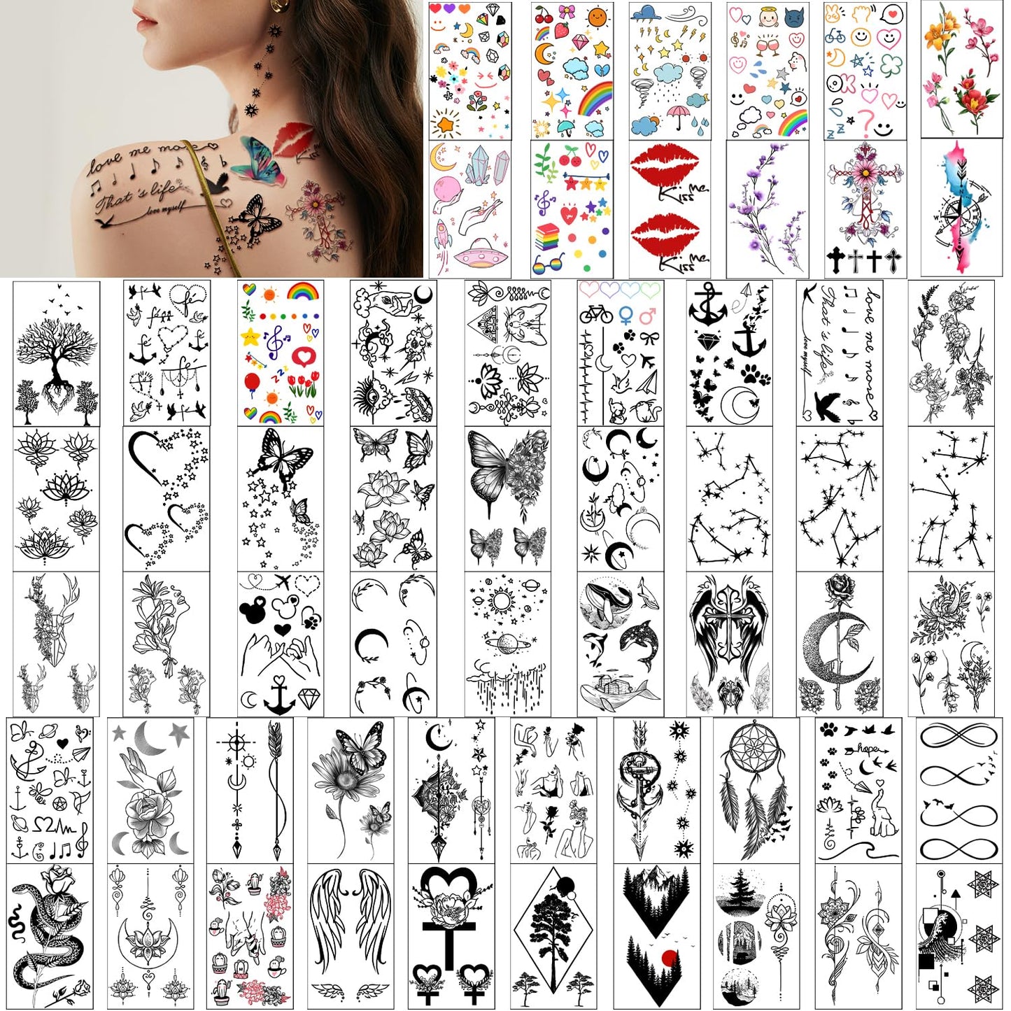 Waterproof Temporary Tattoos - 118pcs Groovy Fake Tattoo for Kids Birthday Party Supplies, Star Unicorn Smiley Rainbow Flower Candy Crown Arts and Crafts for Boys or Girls 6 7 8 9 10 11 12 years old