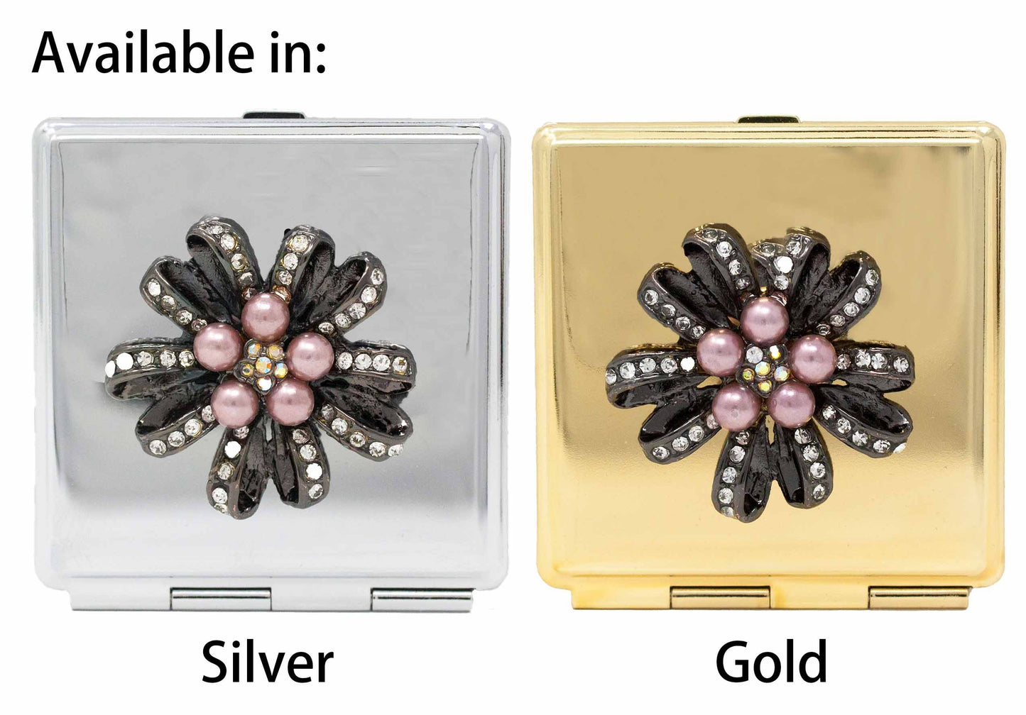Folding Compact Pocket Makeup Mirror With Swarovski Rhinestone Crystals Double Sided (5x magnification + 1x magnification) (Golden Flower (Square))