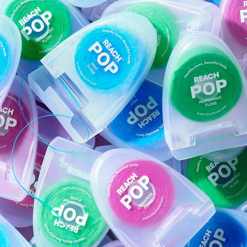 REACH POP Dental Floss, Mint, Plaque Remover for Teeth, Shred Resistant, Vegan Wax, Cruelty Free, Eco Friendly Packaging, Oral Care, PFAS Free, for Adults & Kids, 6 Pack, 54.6 yd