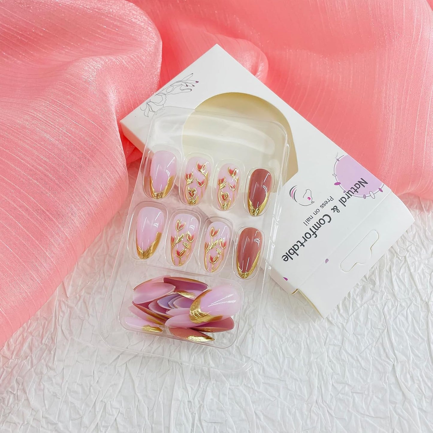 French Tip Almond Press-On Nails with Gold Bow | Reusable Glossy Acrylic False Nails for Women