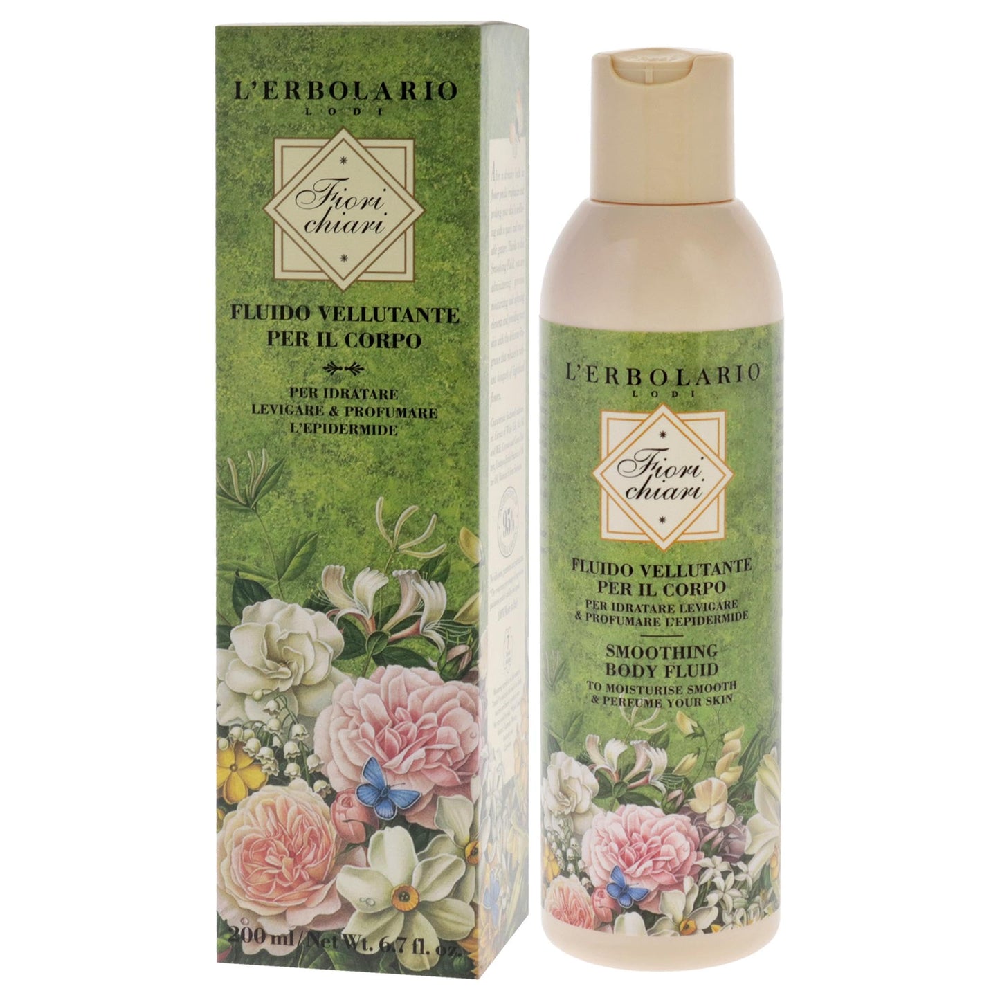 L'Erbolario Fiorichiari Smoothing Body Fluid - Floral Moisturizing Body Lotion with White Lily, Coconut Butters - Softening Dry Skin Lotion - 6.7 oz