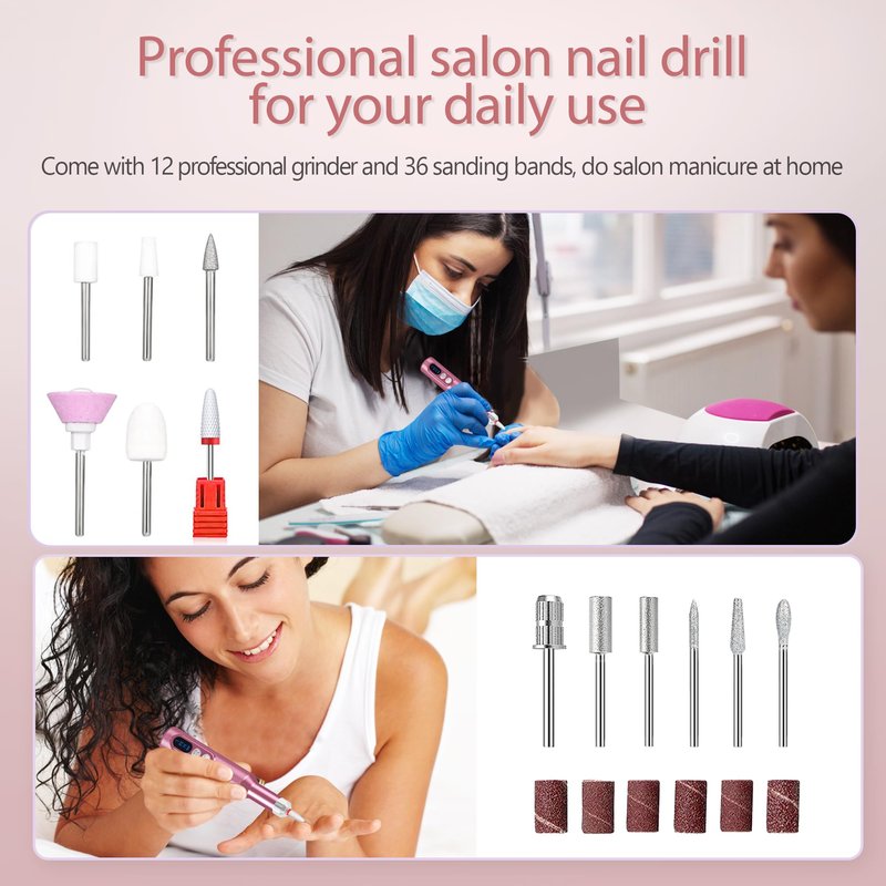 PUNOLAZY Electric Nail Drill - Nail Filer for Acrylic Nails Professional, Manicure Pedicure Polishing Shape Tools for Home Salon Use Nail Kit, Pink