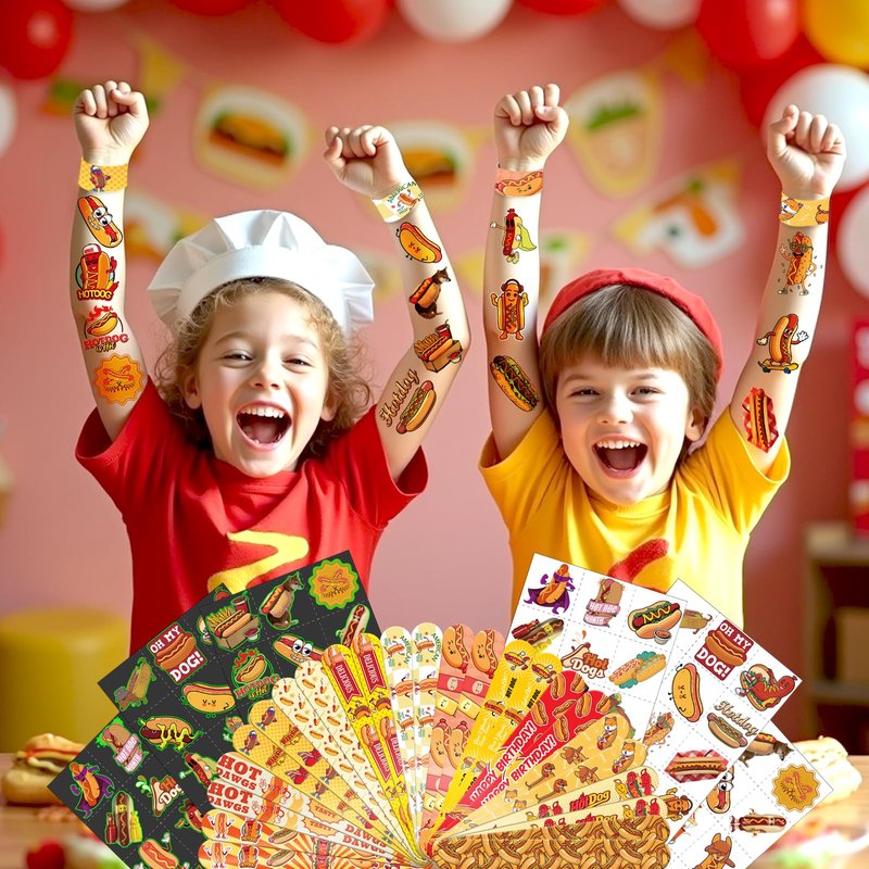 BOIKOKY 96 PCS Hot Dog Party Favors Set β 72 Pre-Cut Temporary Tattoos & 24 Slap Bracelets for Kids, Perfect for Food-Themed Birthday Parties, BBQ Celebrations & Classroom Rewards