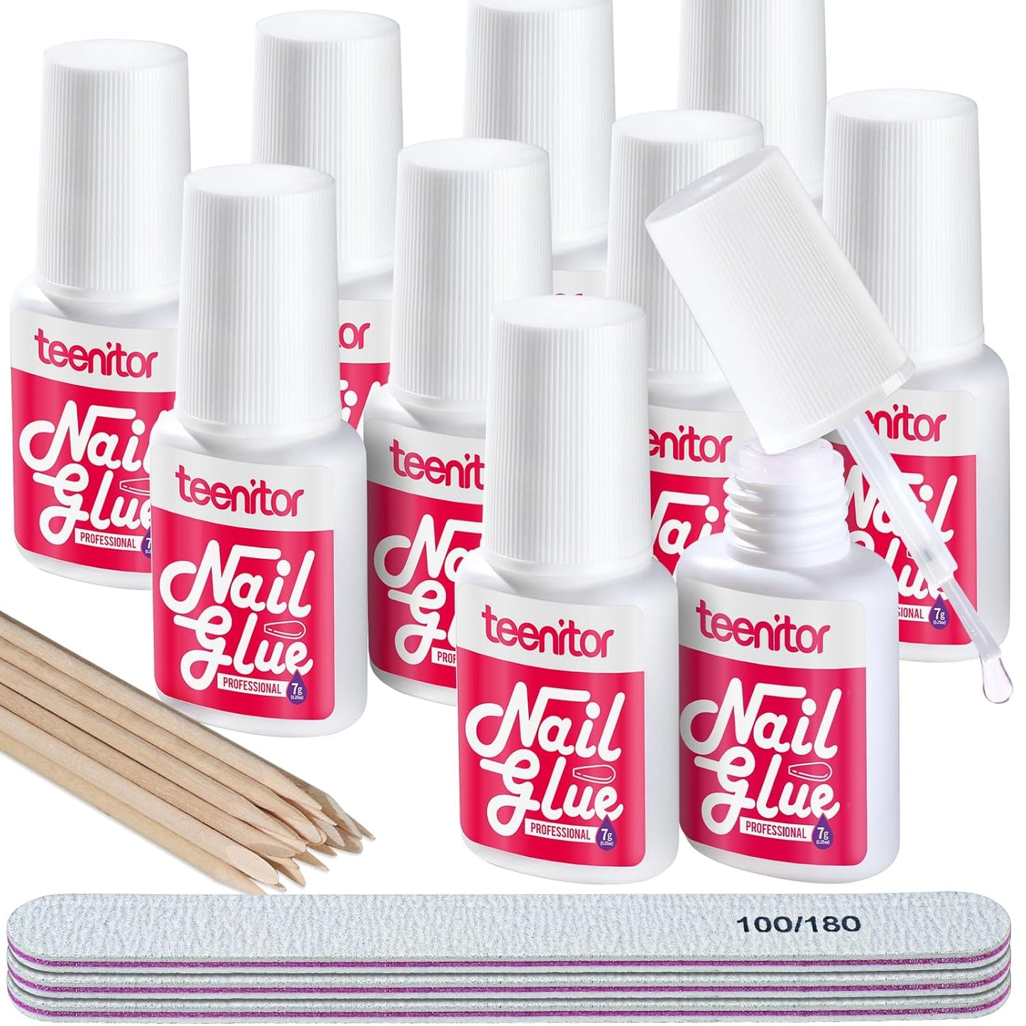 Teenitor Nail Glue for Press Ons, 3 Pack Best Nail Glue for Gel Tips with Nail Files, Super Strong Nail Glue for Broken Nail Brush on Nail Glue for Press on Nails