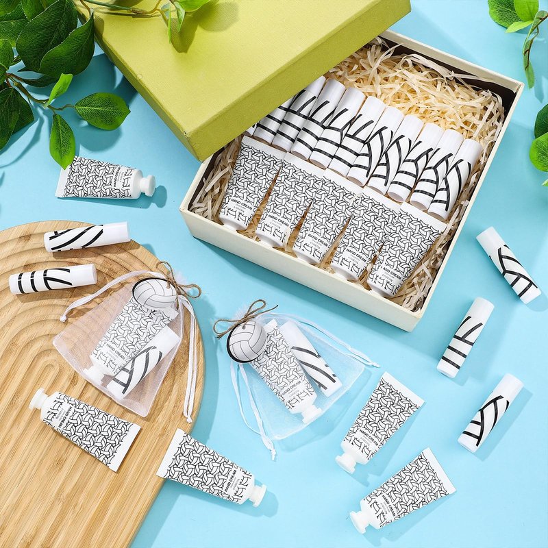 Heigble 144 Pcs Lip Balm Hand Cream Set Party Favors, Include 36 Lip Balm 36 Moisturizing Hand Cream 36 Bags 36 Cards and Ropes for Accessories Gifts(Black and White,Volleyball)