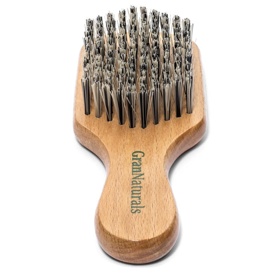 GranNaturals Hard Bristle Slick Back Hair Brush for Men & Women with Thick Curly Hair - Stiff Reinforced Nylon Small Hairbrush for Smoothing, Waves, Beard, Fades, Locs, Dreads