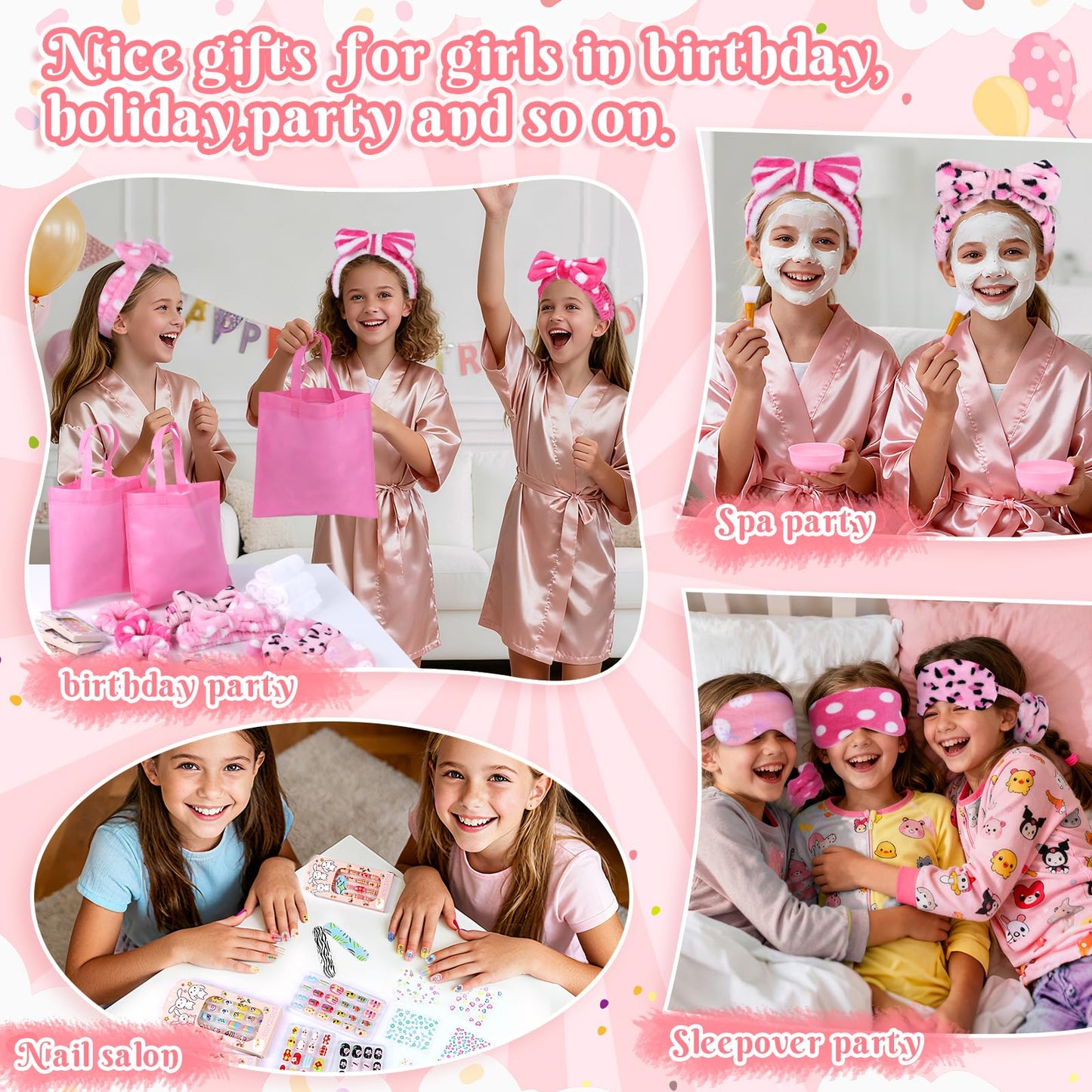 Guifizeiom 76Pcs Sleepover Party Supplies Slumber Spa Parties Kit for Girls Women, Headbands, Eye Mask, Towels, Scrunchies & Nail Supplies(Pink)