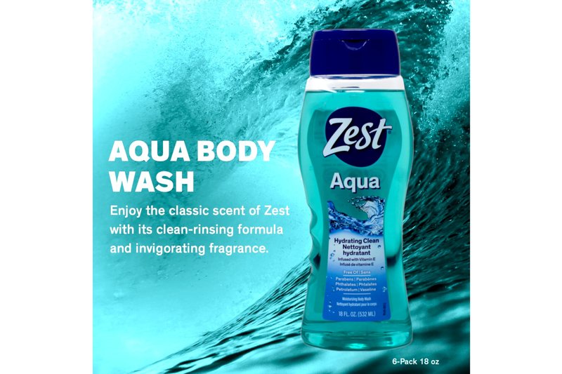 Zest Hydrating Body Wash - Aqua - Moisturizing Body Wash for Men and Women - Bath Soap with Vitamin E - Gentle Paraben Free Formula - 6 pc