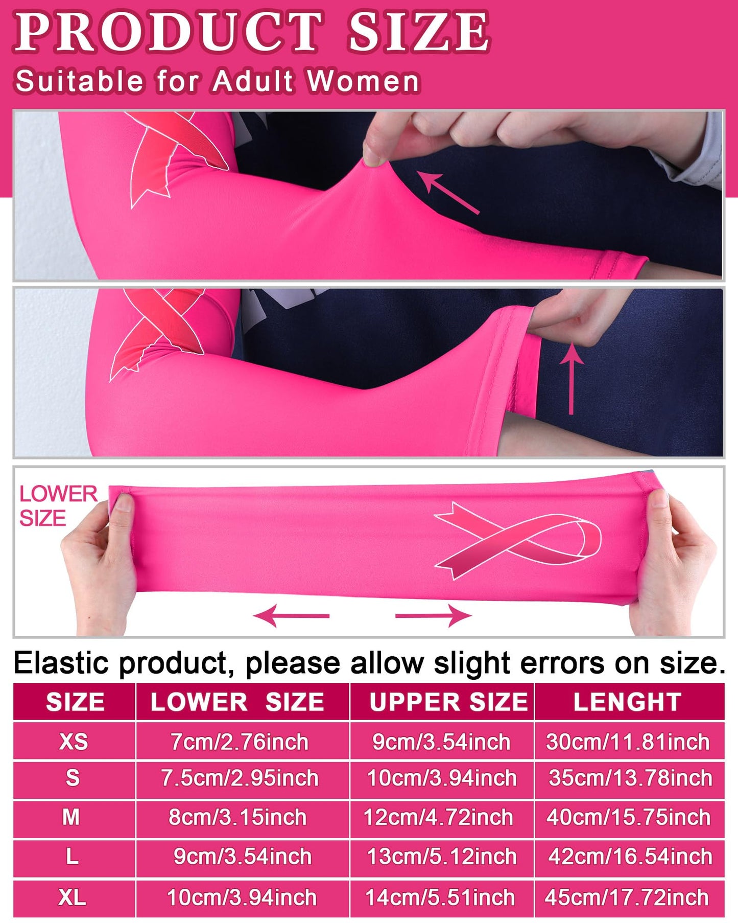 Handepo 12 Pairs Breast Cancer Awareness Sleeves Ribbon Arm Sleeves UV Protection Compression Arm Sleeve for Women Men Youth(X-Small)