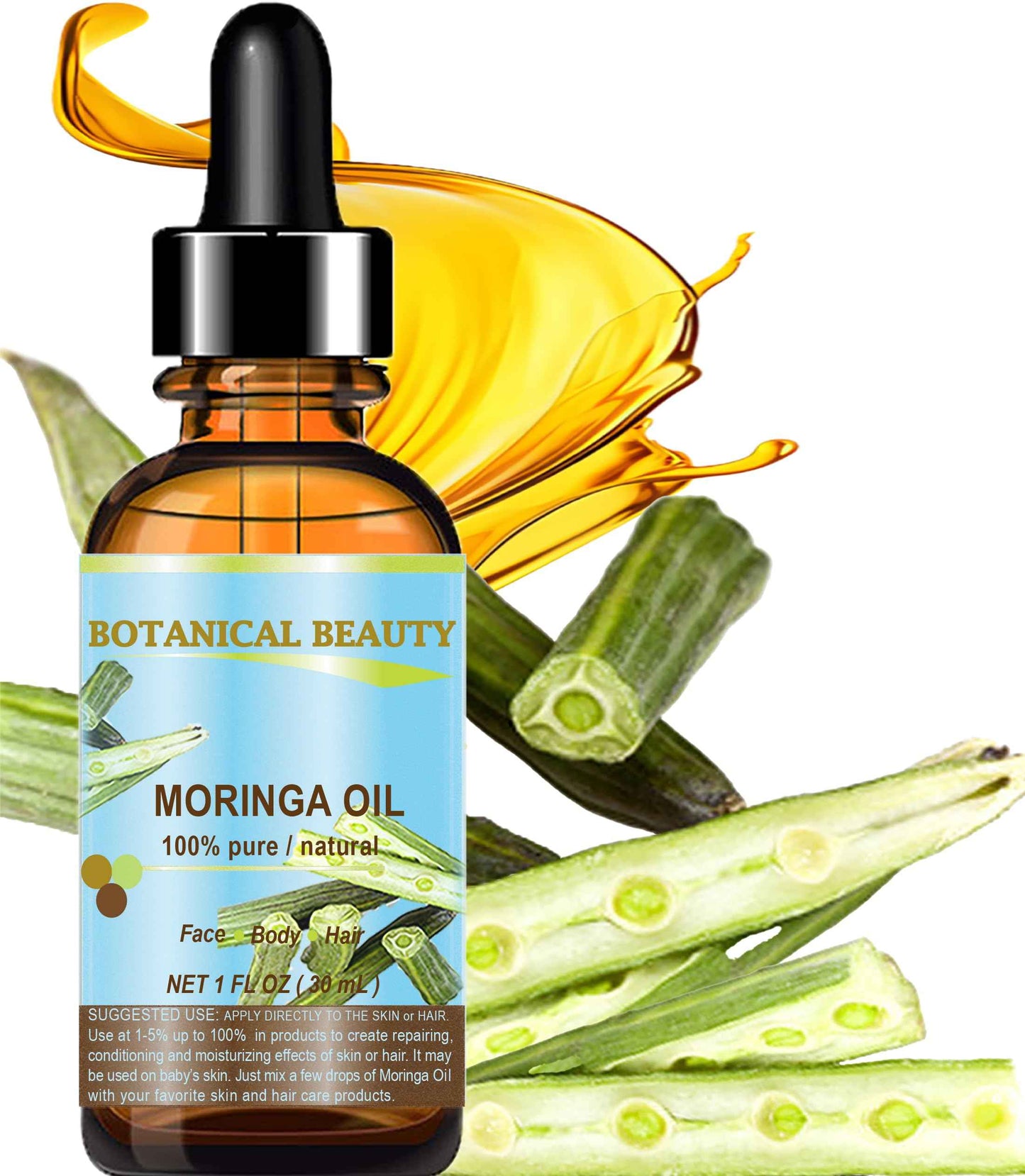 Botanical Beauty Moringa Oil 100% Pure Natural Undiluted Cold Pressed Carrier Oil. 1 Fl.oz.- 30 ml. for Face Skin, Hair, Lips, Nails. Rich in Vitamin C, Vitamin E