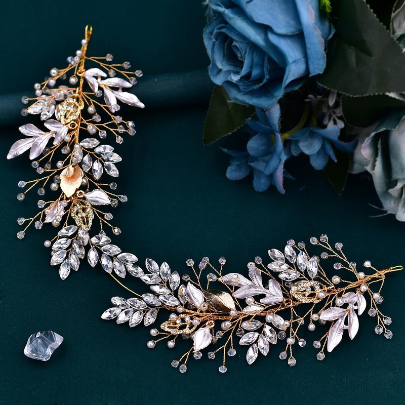 LOVFOIVER Rhinestone Wedding Headband Handmade Leaf Crystal Bridal Headpieces for Wedding Hair Accessories for Brides and Bridesmaid (Gold)