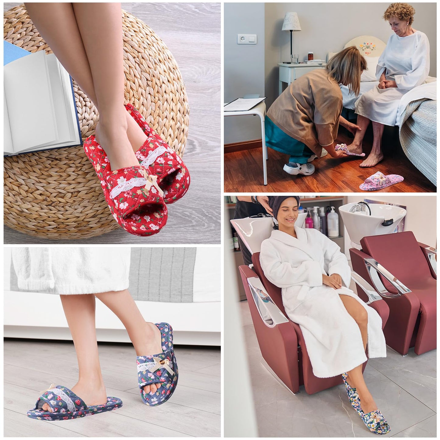Breathffy 6 Pairs Floral Cotton House Slippers for Women, Soft Open Toe Guest Slippers Washable Foldable, Indoor Hotel Spa Travel Slipper for Women Size 35-39