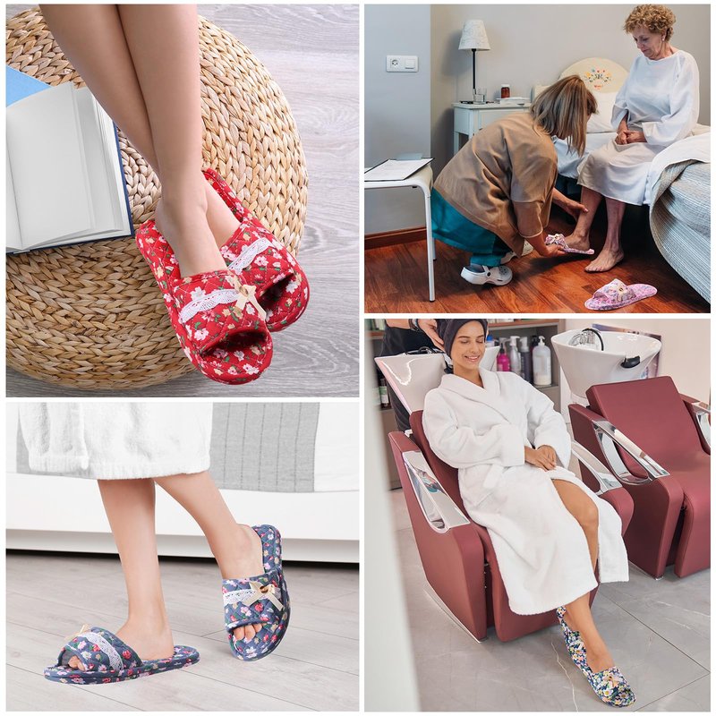 Breathffy 6 Pairs Floral Cotton House Slippers for Women, Soft Open Toe Guest Slippers Washable Foldable, Indoor Hotel Spa Travel Slipper for Women Size 35-39