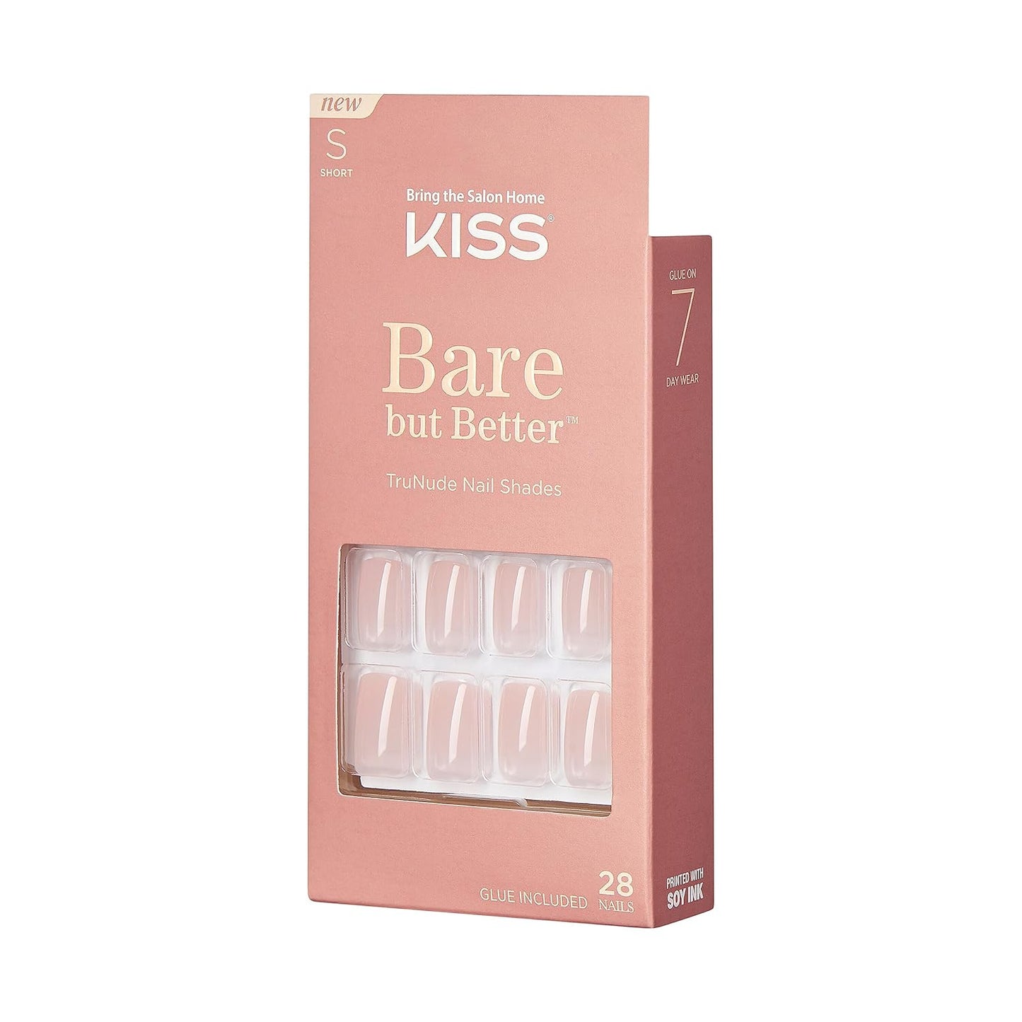 KISS Bare but Better Press On Nails, Glossy Pink, Short Length, Square Shape, 28 Fake Nails, Pink Gel Nail Glue Net Wt. 2g (0.07 Oz.), Mini Nail File, & Manicure Stick