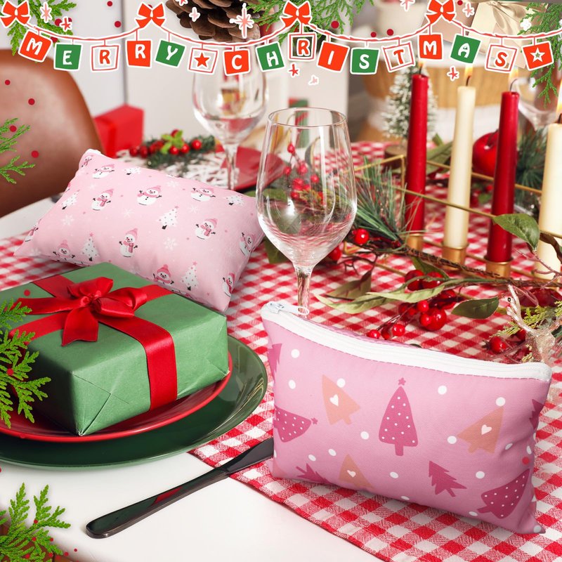 Sunnymove 40 Pcs Pink Christmas Makeup Bags Bulk Gifts for Women Pink Christmas Zipper Pouch Bulk Xmas Trees Snowman Snowflake Purse Cosmetic Gifts Xmas Party Favors for Employee Coworker Nurse Gift