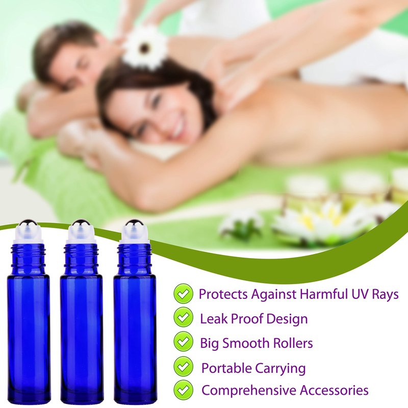 inice 100 Pack,10ml Roller Bottles for Essential Oils Cobalt Blue Thick Glass Stainless Steel Roll On Ball Bottles