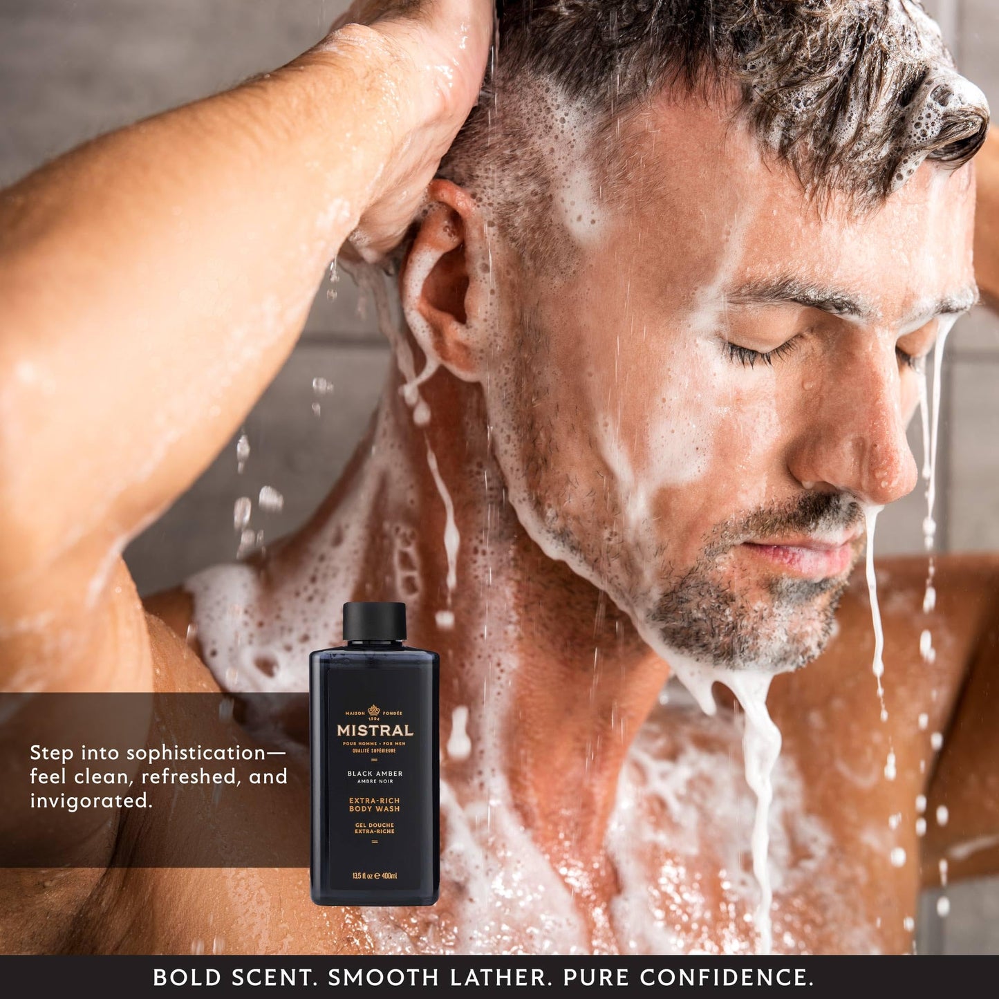 Mistral Black Amber Men's Body Wash & Shampoo for Men, 13.5 oz