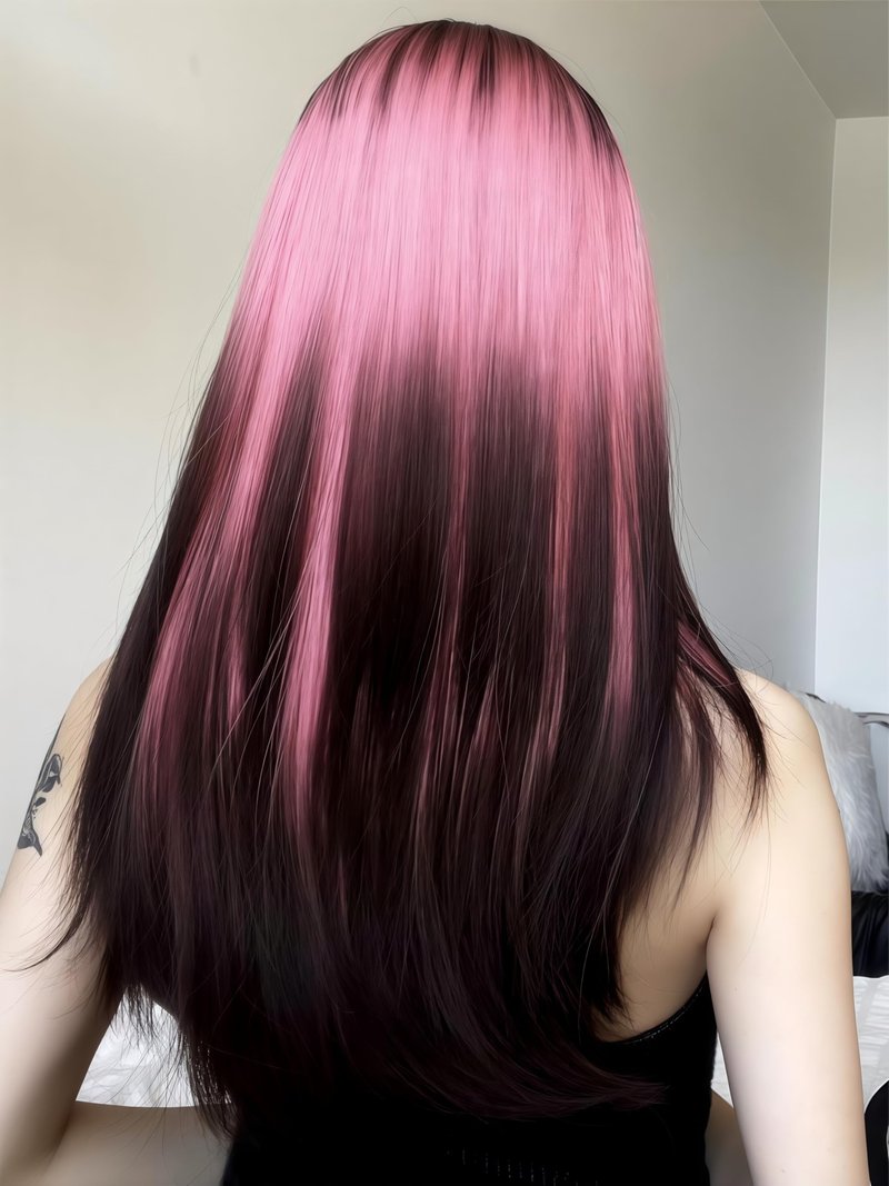 Aadesso Half-Pink Half-Black Long Straight Wig 65cm Blunt Bangs Daily Synthetic Hair for Women East Asian Fashion K-pop Style Two-Tone Heat Resistant wig cap (25.6 Inch)