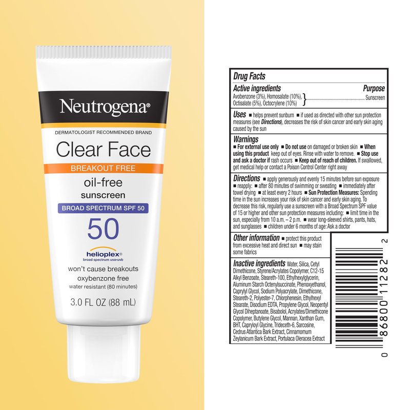 Neutrogena Clear Face Sunscreen Lotion SPF 50 for Acne-Prone Skin Broad Spectrum UVA UVB Protection Oil-Free No-Fragrance No-Oxybenzone Water-Resistant Daily Face Moisturizer, 3 fl oz