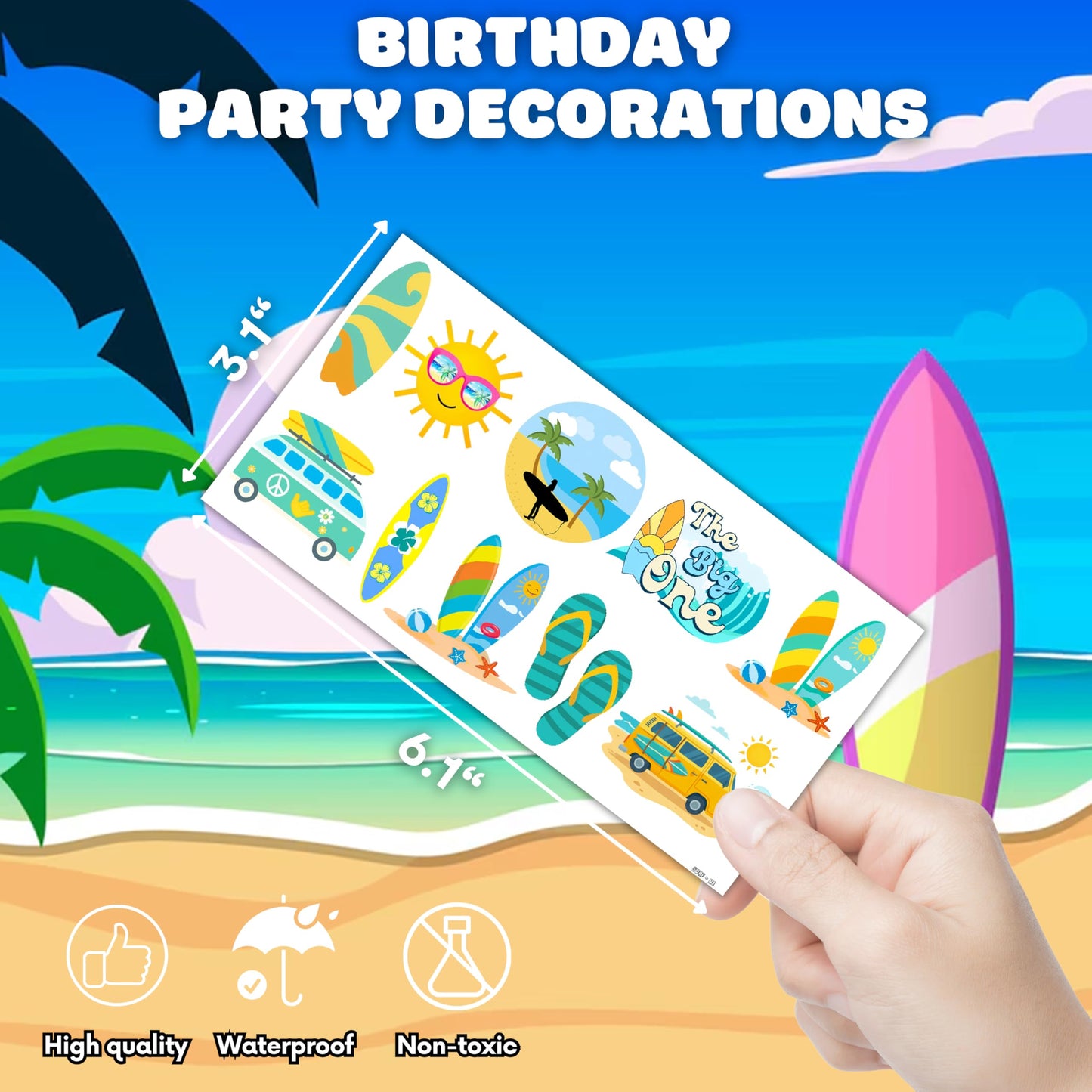Cute Surfing Temporary Tattoos - The Big One Surf Birthday Party Favors & Supplies - Summer Beach Themed Stickers - 10 Sheets, 100 PCS Gifts for Kids Boys Girls