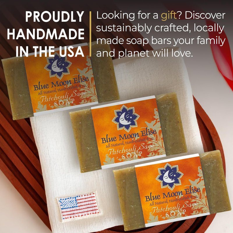 Blue Moon Elise Patchouli Sage All Natural Bar Soap, Scented with Premium Essential Oils, Handmade in the USA, Moisturizing and Therapeutic for Face/Body, For Men and Women & Sensitive Skin (3 Pack)