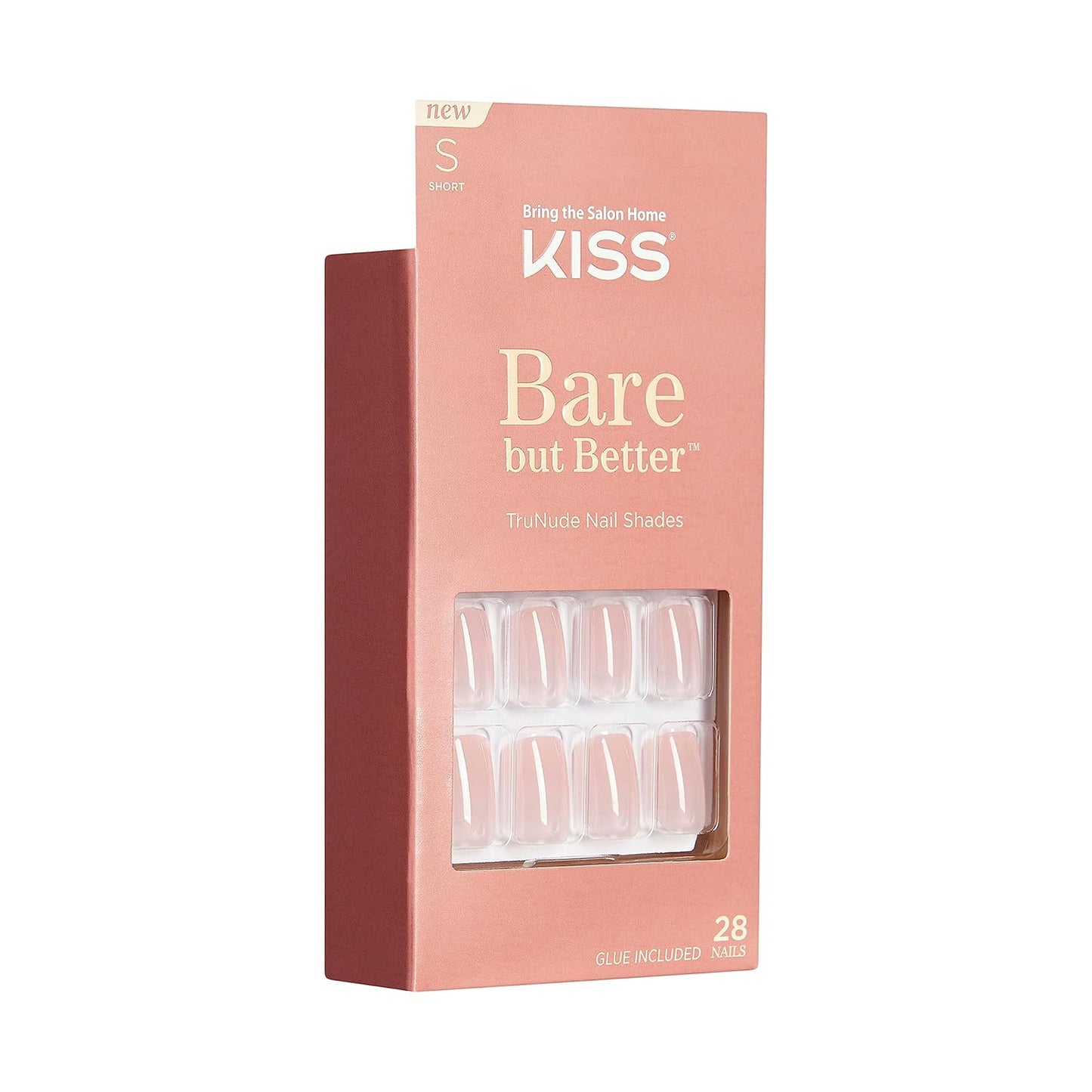 KISS Bare but Better Press On Nails, Glossy Pink, Short Length, Square Shape, 28 Fake Nails, Pink Gel Nail Glue Net Wt. 2g (0.07 Oz.), Mini Nail File, & Manicure Stick