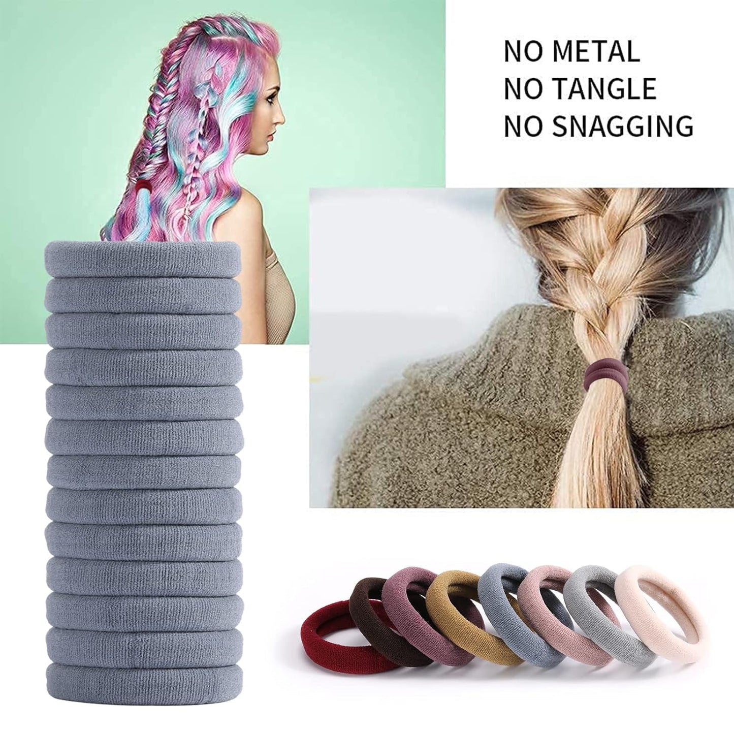 100PCS Black Hair Ties for Women, No Crease No Damage, Seamless Cotton Bands for Thick Thin Hair, Soft Ponytail Holders, Accessories for Girls