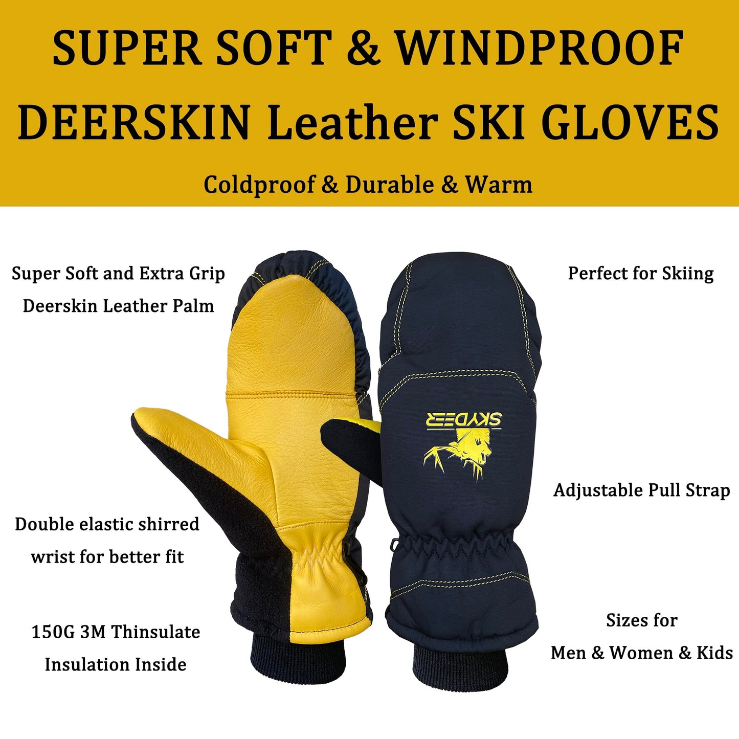 SKYDEER Winter Gloves for Kids, Skiing Mittens with Deerskin Leather and 150G 3M Thinsulate Insulation (SD8754M/3XS)