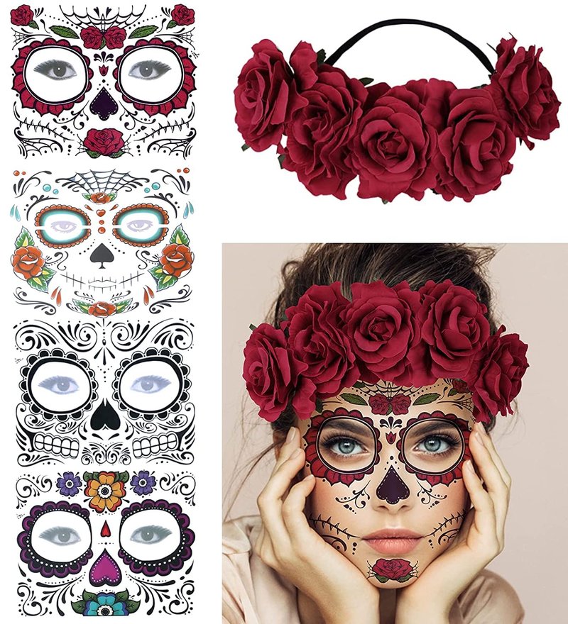 Day of the Dead Sugar Skull Temporary Face Tattoos - 4 Kits with Rose Red Flower Crown for Halloween Costume