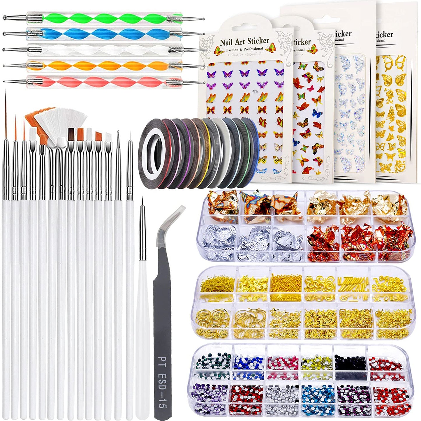 Nail Art Design Tools - 3D Decorations Kit with Brushes, Dotting Tools, Holographic Stickers, Nail Foil Tape, Rhinestones and Pick-Up Tweezers