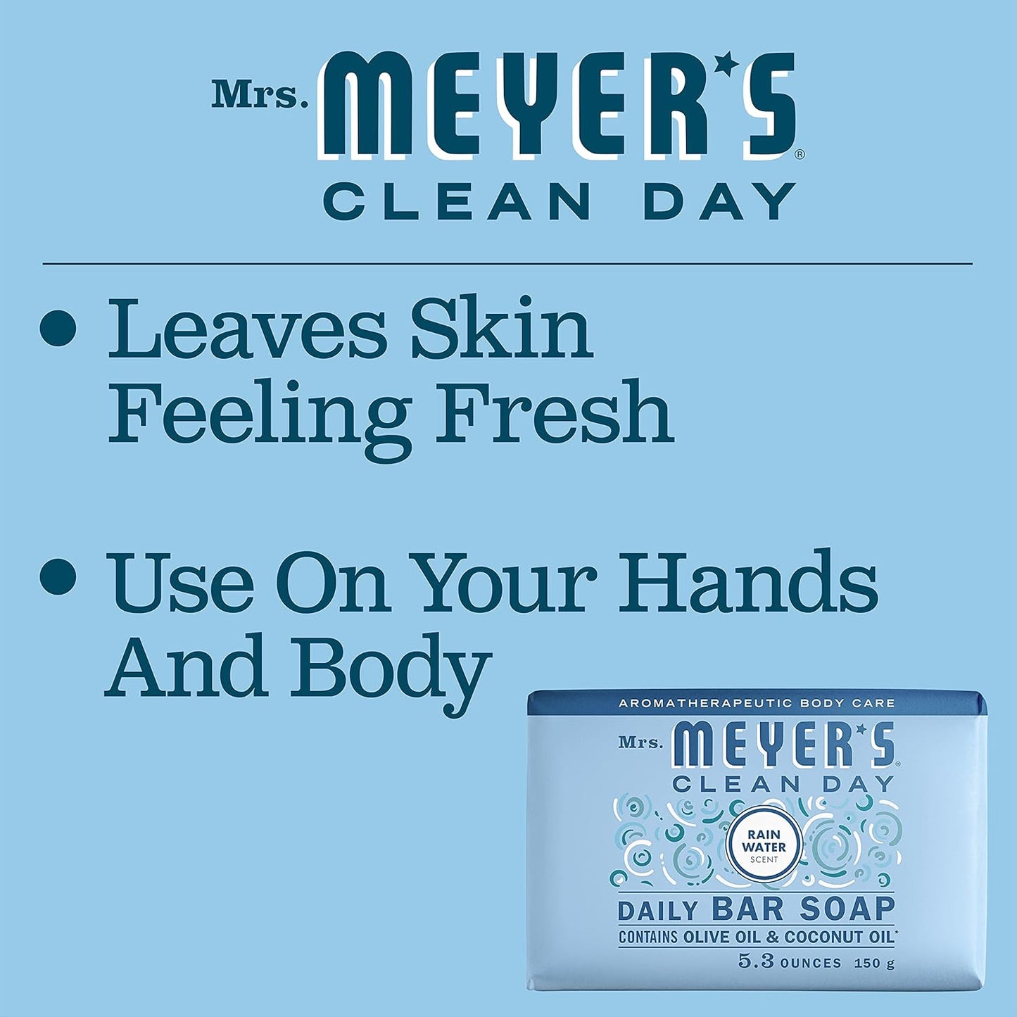 MRS. MEYER'S CLEAN DAY Bar Soap, Use as Body Wash or Hand Soap, Made with Essential Oils, Rain Water, 5.3 oz, 1 Bar