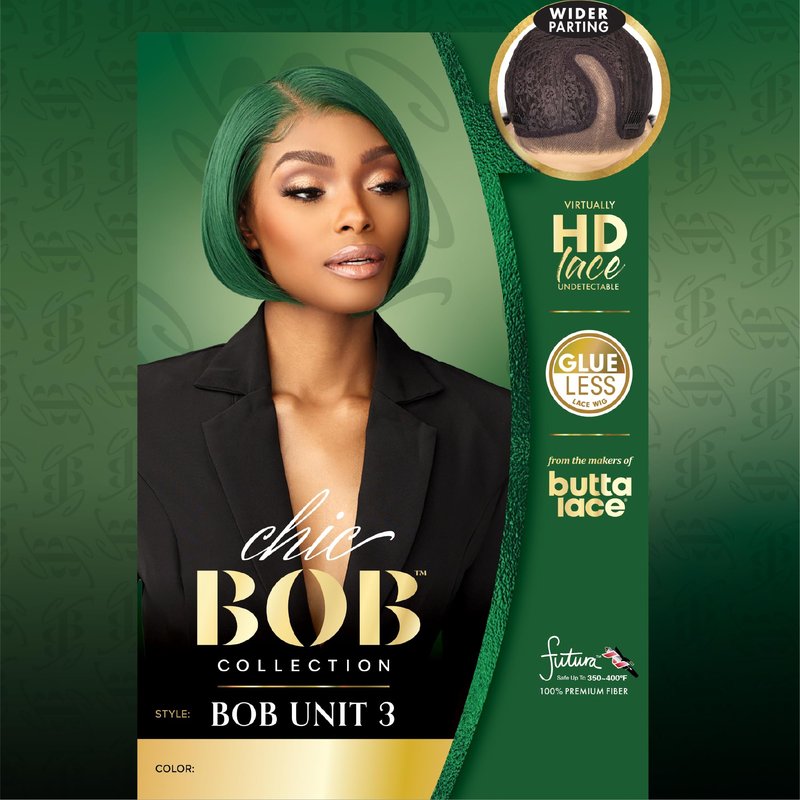 Sensationnel Chicbob Lace Frontwig - Bob Unit 3 Face Framing Glueless Wig Wide 5 Inch Deep Part Synthetic Preplucked Hairline (SAPPHIREGREEN)