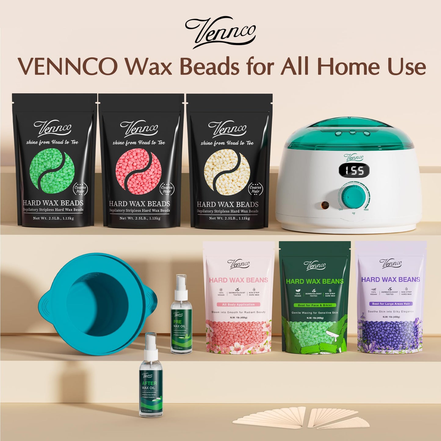 Vennco 2.5lb Cream Hard Wax Beads, Premium Coconut-Infused Hair Removal Wax for Full Body - Ideal for Brazilian, Bikini, Legs, Arms, Chest, and Back