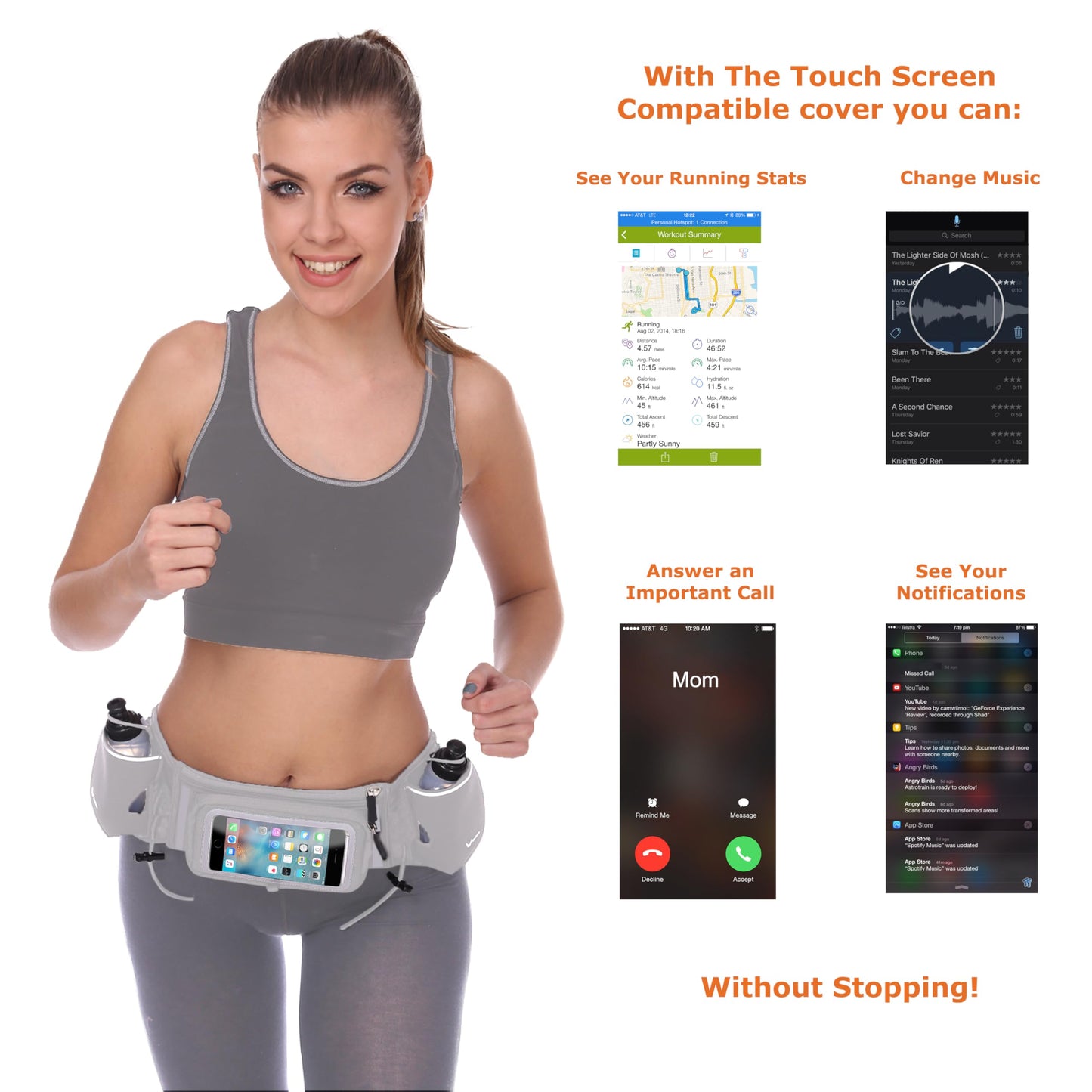 No.1 Hydration Belt by Runtasty - Premium Winners' Running Fuel Belt w/2 BPA-Free 10 oz Water Bottles, Tilt-Up Pocket w/Touchscreen-Ready Cover - Fits All iPhones, No-Bounce Design (Platinum Gray)