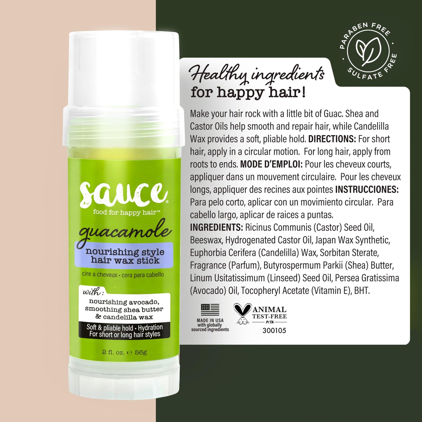 SAUCE BEAUTY Guacamole Hair Wax - Paraben & Sulfate Free, Moisturizing Avocado Oil & Shea Butter Wax for Styling Flyaway & Brittle Hair (2 oz)