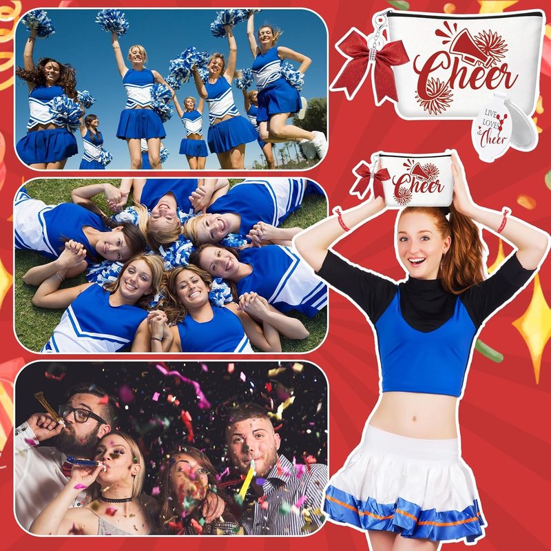 Cheerleader Gifts Set - 48 Pcs Bulk Cheer Gifts with Makeup Bags, Bracelets & Mirrors | Red Party Favors