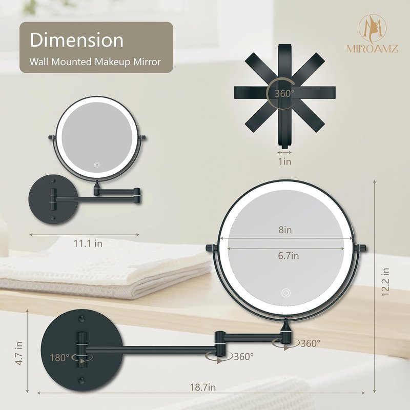 MIROAMZ Rechargeable Wall Mounted Lighted Makeup Vanity Mirror 8 Inch Double Sided 1X 10X Magnifying Bathroom Mirror, 3 Color Lighting, Touch Screen Dimming, 360 Rotation Shaving Matte Black