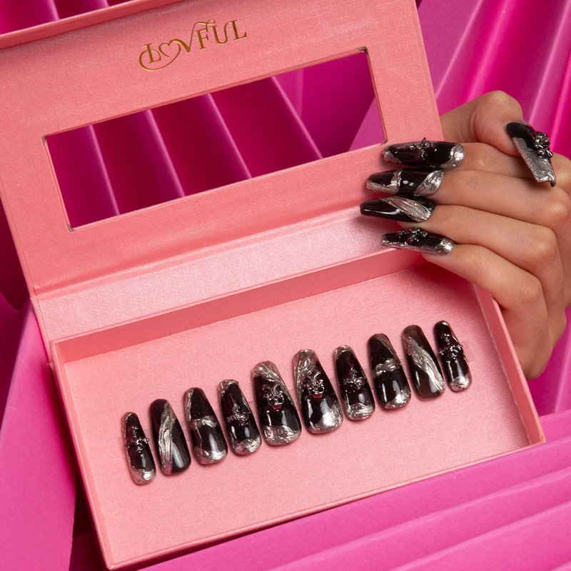 LOVFUL Press on Nails THE EDGE | Handmade with Full Covered Crystals | Reusable Full Cover Nails | Coffin Classic Regular 1.3 in | H283-S