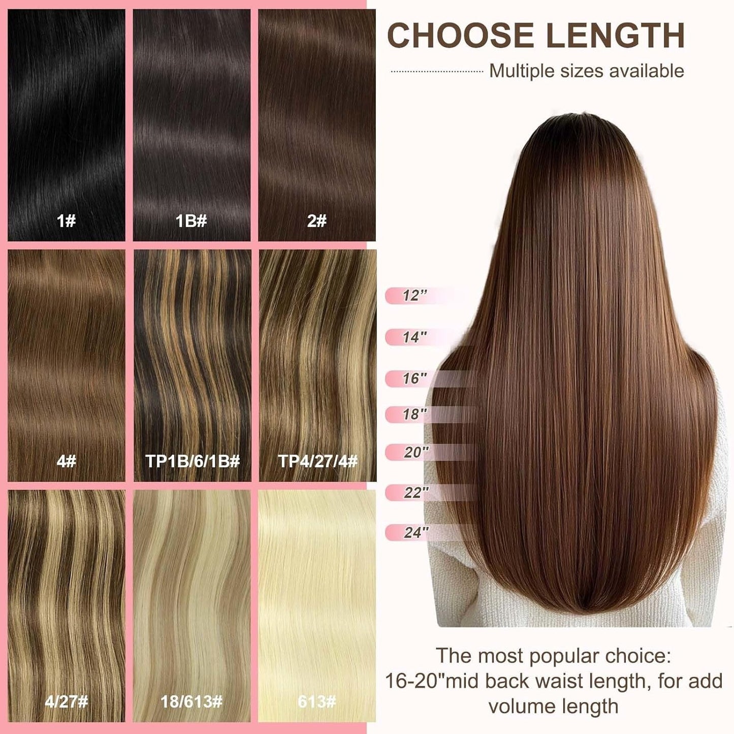 Tape In Hair Extensions - 16 Inch Human Hair Skin Weft | Thick & Straight, Chocolate Brown & Caramel Blonde #4/27/4, 50g, 12 Pieces Replacement Tape