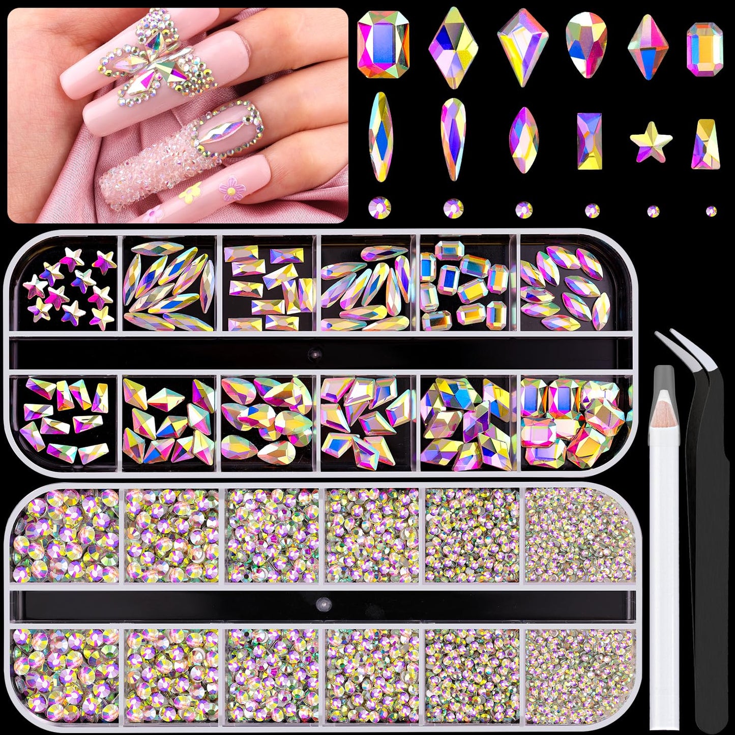 3220Pcs Champagne Gold Nail Rhinestones 120Pcs Multi Shapes Flatback Gems Charms Crystal+3100Pcs 1.5-4mm Round Beads, Glass Diamond Gemstones for Bedazzling Acrylic Nails Decoration