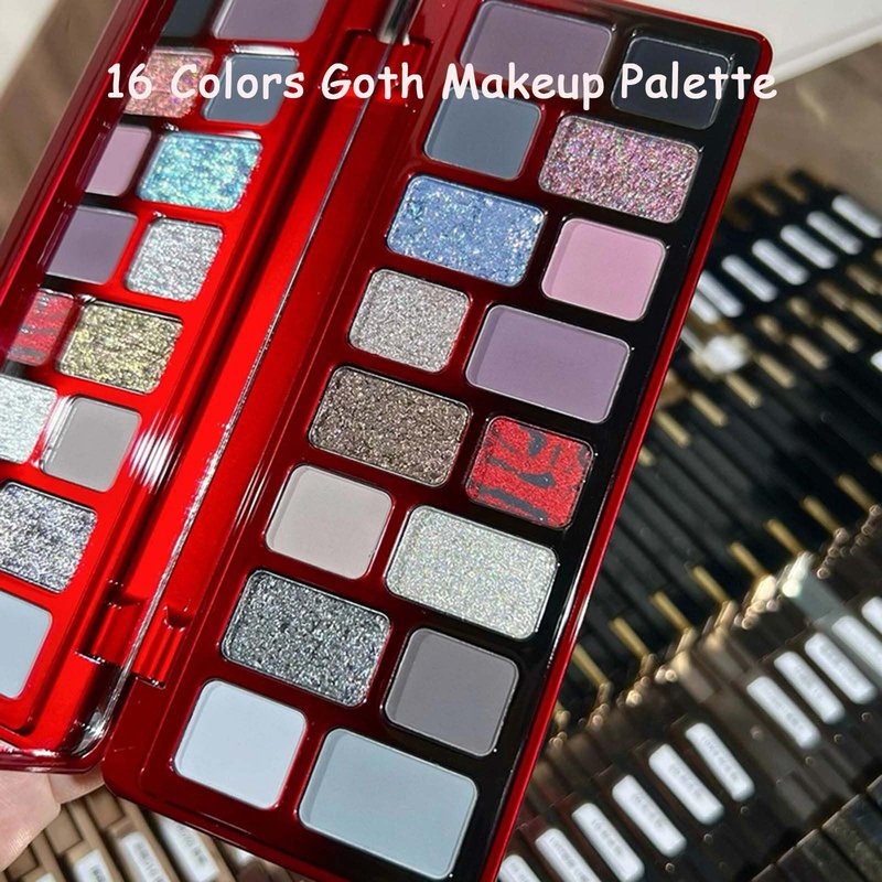MeiPlumLai Goth Eyeshadow Palette 16 Colors Matte Metallic Shimmer Glitter Eye Shadow Pallet, Smokey Makeup Palette, Neutral Naked Brown, Red, Black Dark Eye Shadow Palette for Midnight Masquerade