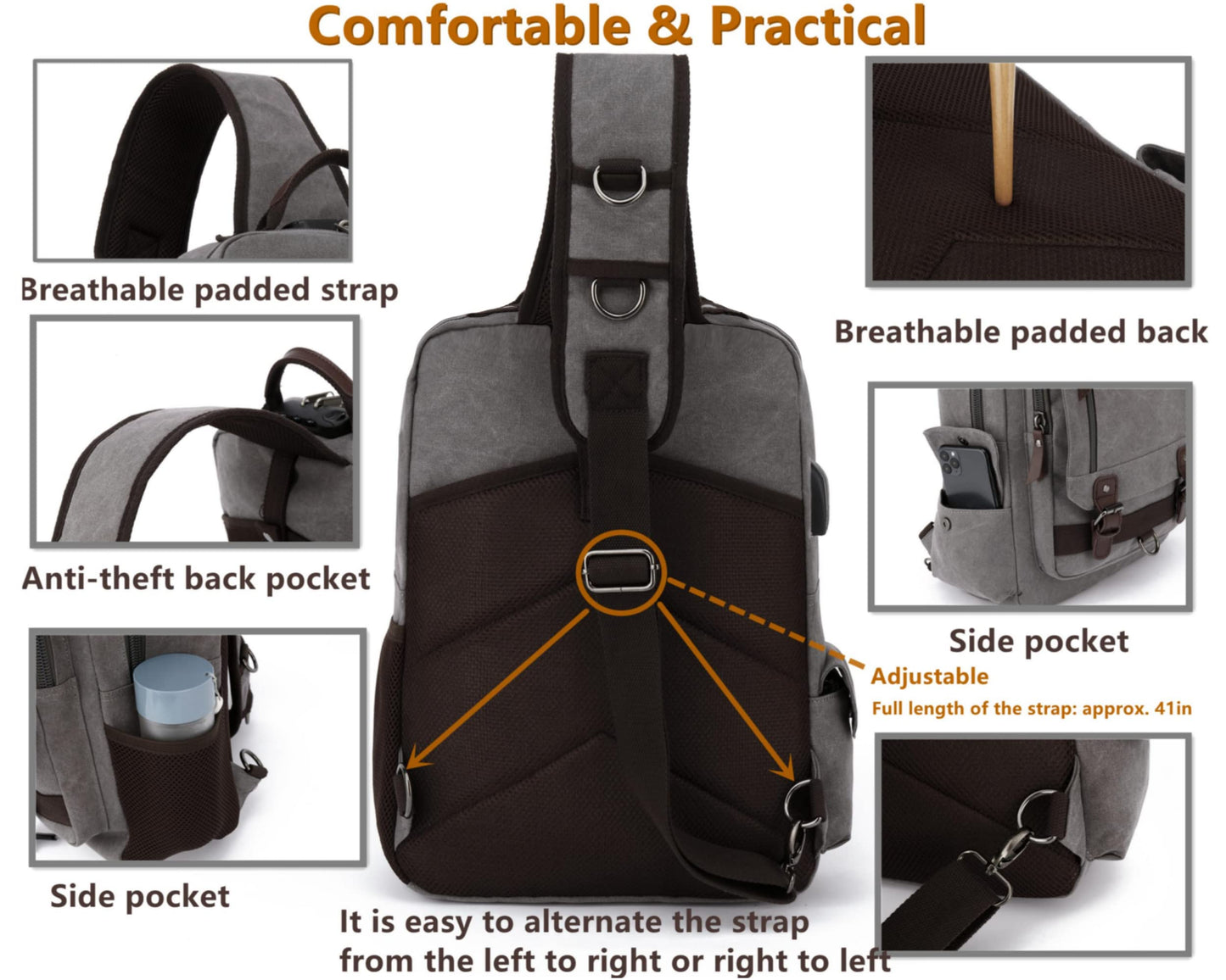 Leaper Retro Crossbody Bag Sling Bag Canvas Messenger Bag for Men Women Shoulder Bag Crossbody Handbags Satchel Brownish Gray, XXL