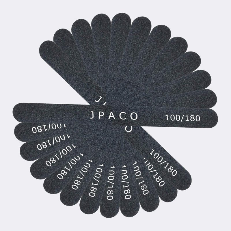 12-Pack Professional Nail Files: Double-Sided Emery Boards for Natural, Acrylic, Poly, and Gel Nails – Washable Black Manicure Tools Set by JPACO (100/180 Grit)