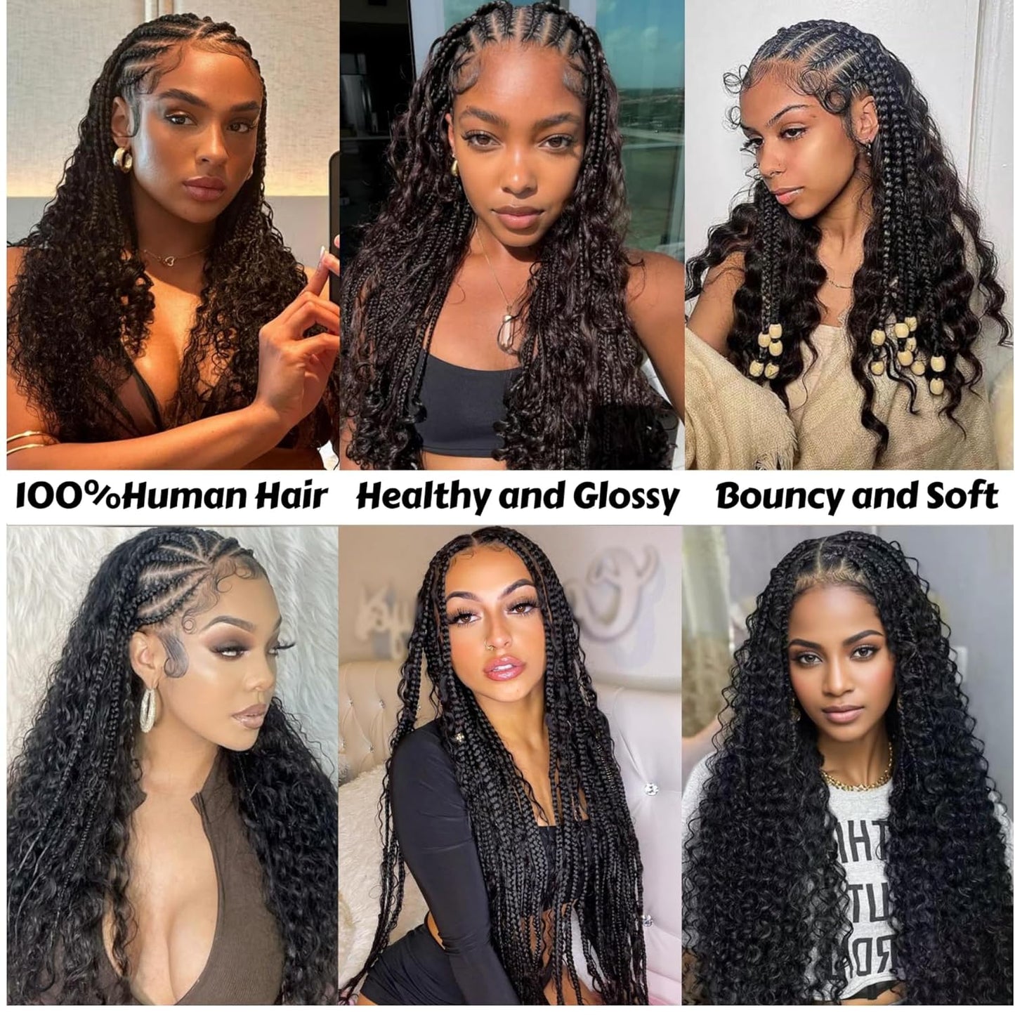 Human Braiding Hair - 16 Inch Deep Wave Bulk Extensions for Boho Braids | 100% Virgin, Knotless, Natural Color, 3 Bundles
