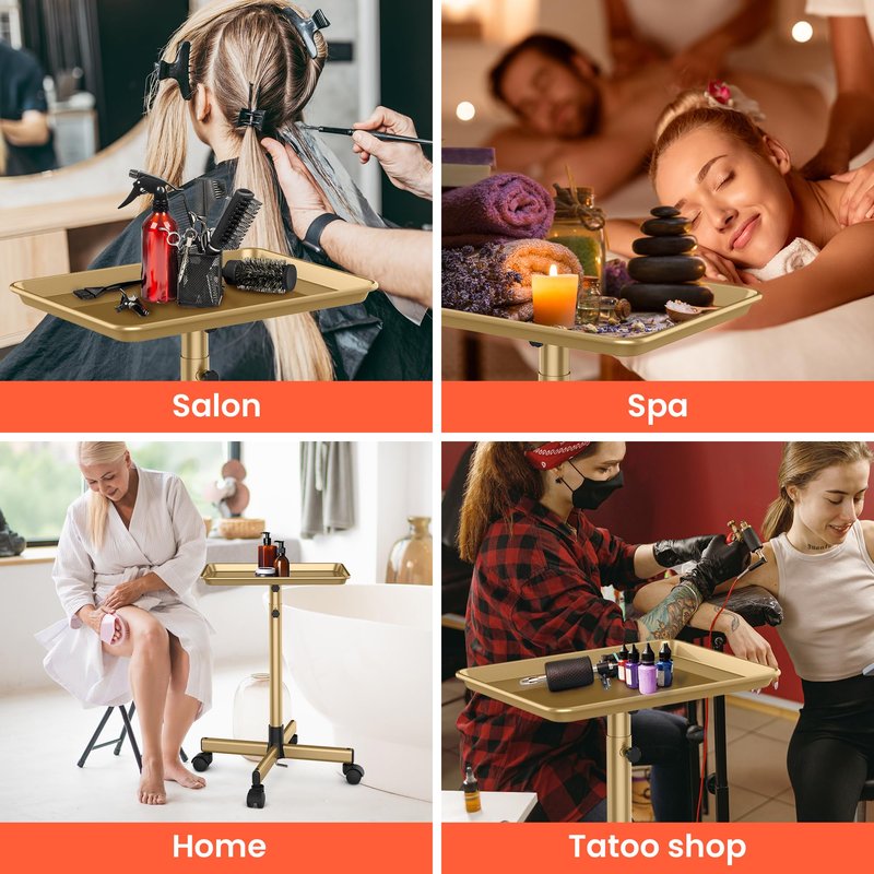 TASALON Premium Salon Tray on Wheels, Aluminum Salon Rolling Tray Trolley for Salon Essentials, Adjustable Height Provides Ample Storage for Hairstylist Tray, Tattoo Tray and Clinic Tray Use - Gloden