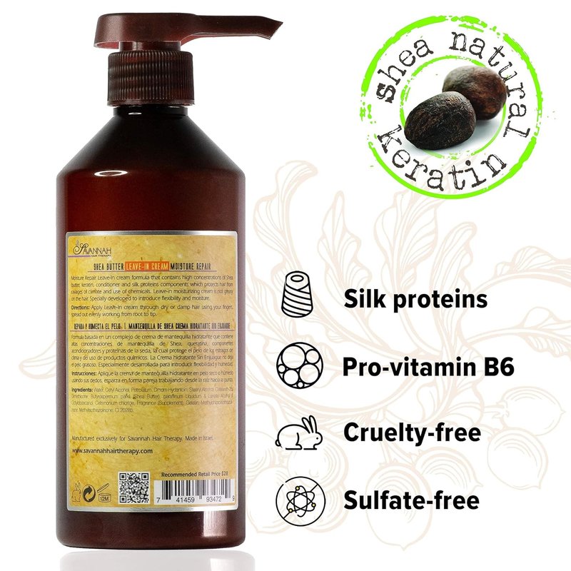 Savannah Hair Therapy Leave-In Cream - Moisturizing Anti-Frizz Treatment with Shea Butter & Keratin | 500 ml (16.9 oz)