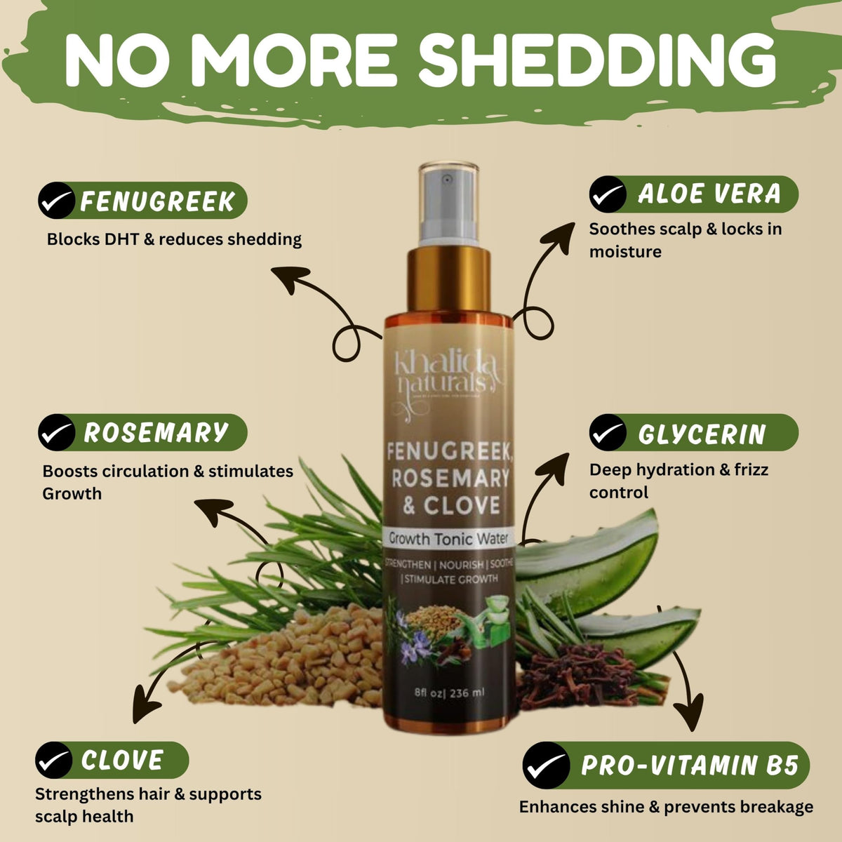 KhalidaNaturals Hair Growth Spray with Fenugreek, Rosemary, Clove, Aloe Vera. DHT Blocker. Promotes Hair Growth, 8 fl oz